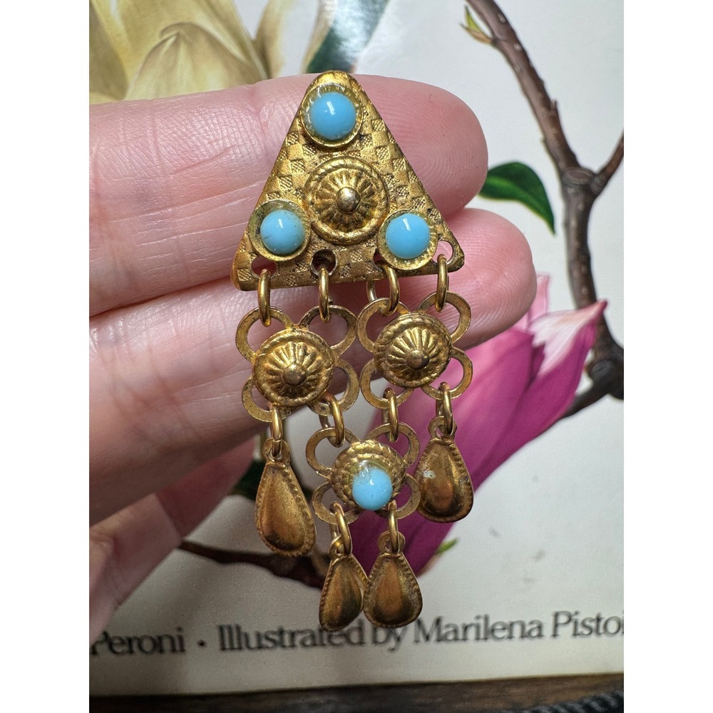 Vintage Gold & Turquoise Tone Chandelier Clip Earrings Egyptian Revival Ethnic - Picture 4 of 5